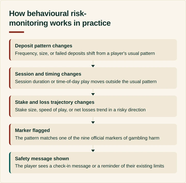 Flow diagram of five steps behavioural risk-monitoring systems use to flag a player