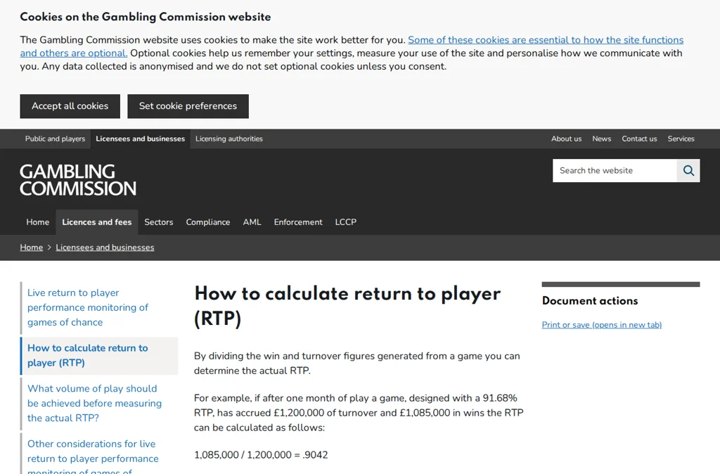 UK Gambling Commission guidance page explaining how to calculate return to player
