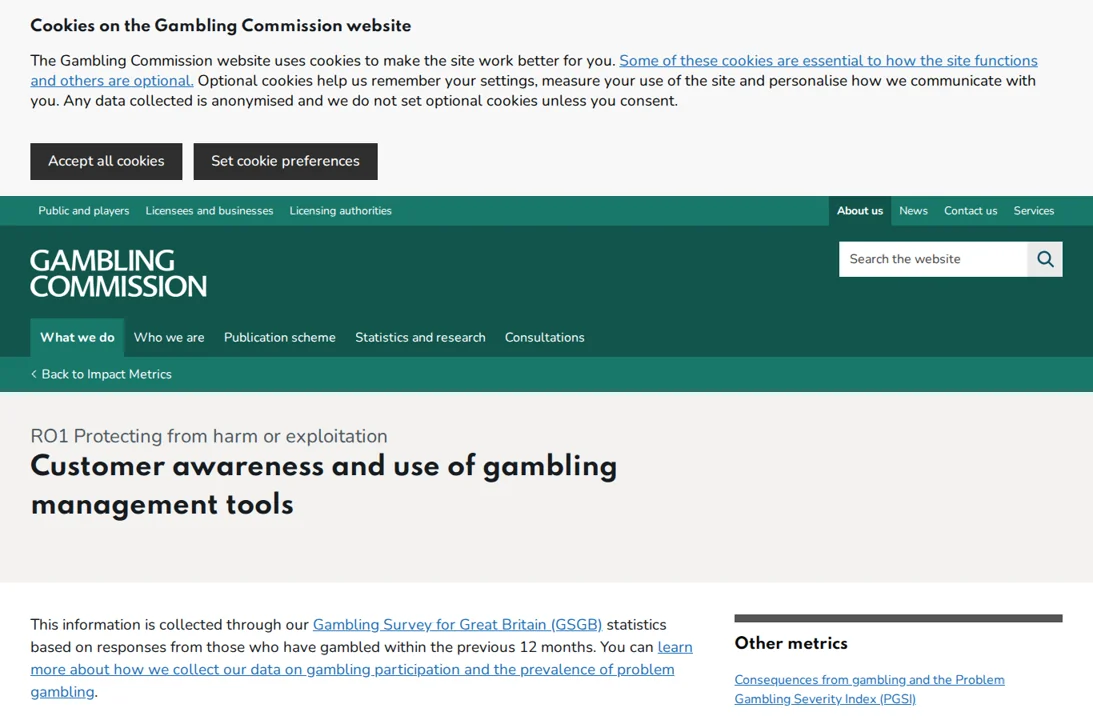 UK Gambling Commission webpage reporting customer awareness and use of gambling management tools